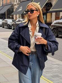 Chaqueta de mujer para otoño/invierno, con bolsillos con cordón prácticos, adecuada para el clima frío y los desplazamientos urbanos en primavera - Azul oscuro - Ver 4