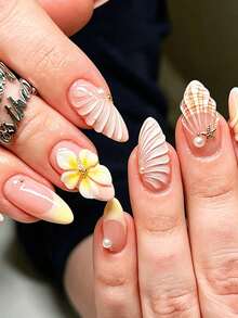 30 piezas de parches de uñas postizas de almendra estilo francés 3D, estilo de vacaciones en el océano con flores 3D, mariposa, concha, estrella de mar, ola, ojo de gato, incluye 1 pegamento de gelatina y 1 lima de uñas, adecuado para uso diario, regalo, viaje, parches de uñas postizas, uñas postizas, suministros para uñas - Multicolor - Ver 2