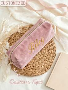 Personalized Name Corduroy Pencil Case, Custom Name Stripe Makeup Bag, Large Capacity Zipper Pen Pouch For Student School Supplies, Customized Birthday Gift For Girls - Multicolor - View 4