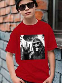 Camiseta de Algodón con Cuello Redondo para Niño, Casual y Cómoda, de Manga Corta con Estampado para Primavera/Verano - Rojo - Ver 1