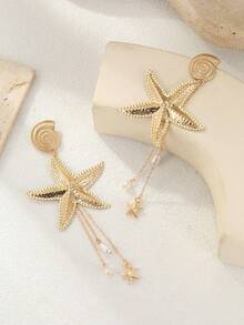1 par de pendientes colgantes con borla de estrella de mar, concha marina, perla falsa y corazón, estilo playa para vacaciones de verano, pendientes de borla de cristal de alta gama de moda, adecuados para vacaciones en la playa, fiesta, uso diario, banquete, viaje, sesión de fotos, joyería - Amarillo Oro - Ver 3