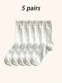 1/5 Pairs White Women's Bow Mid-Calf Socks, Korean Style Sweet Socks, Preppy Style Socks Versatile For Daily Wear - White - View 7