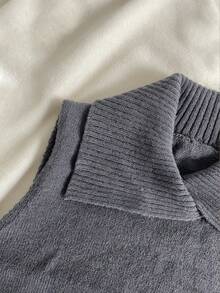 Spring/Summer New Autumn Women's Vacation Wear, Women's Summer Early Autumn Layering , Women's Knit Vest Grey Cross Collar Sleeveless Knit Tank Top Ribbed Loose Comfortable Casual Retro Daily Layering Preppy Style Lapel Elegant Street Commute Autumn Sweater Vest Tank Top Pullover Date Minimalist Solid Color - Grey - View 7
