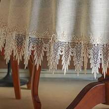 1pc Elegant Lace Linen Solid Color Round Tablecloth, Home Table Cover, Dressing Table Scarf, Suitable For Home Kitchen Decor - Beige - View 6