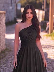 Faeriesty Elegant One Shoulder Knit Formal Dress, With Fashionable Pleated Design, Suitable For Bridesmaid Or Formal Occasions Wedding - Black - View 3