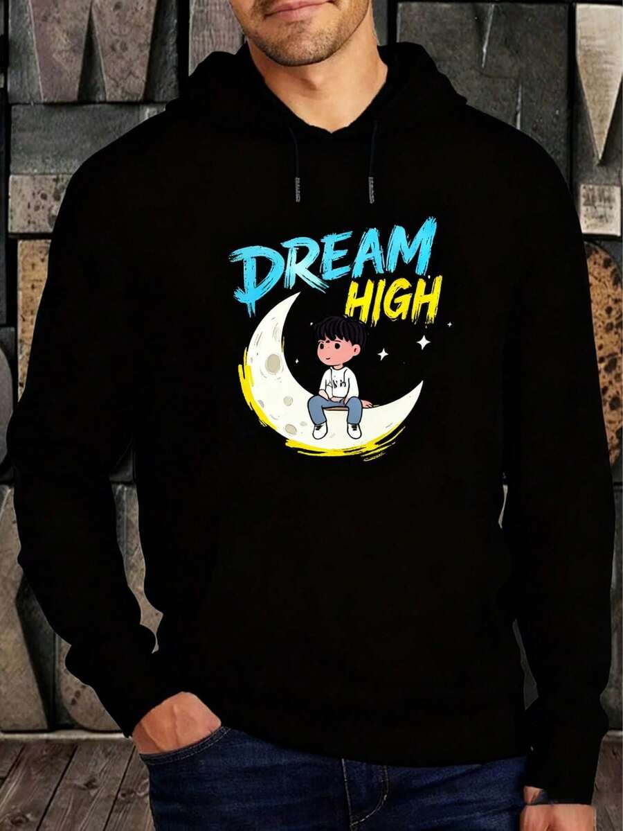 Hombre003 Sudaderas de moda para hombre con patrón de columpio de dibujos animados, bolsillo canguro y cordón, manga larga versátil y elegante - Beis - Ver 1