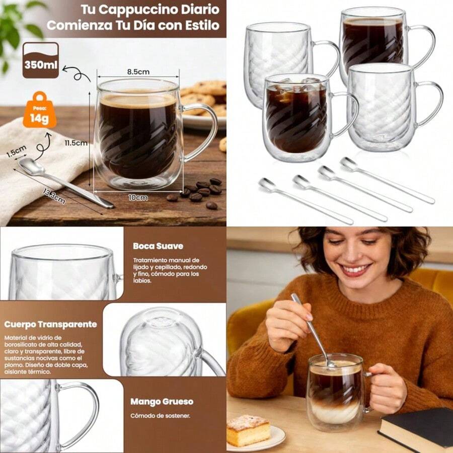 Premium Set de Vasos y Tazas de Doble Pared de Vidrio Tèrmico Borosilicato con 4 cucharas de acero inoxidable Para Capucchino Espresso Té Café Etc Taza 4 x 350ml - 511 - Ver 1
