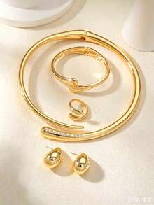 5pcs/Set Full Rhinestone Water Drop Jewelry Set, Fashion Open Symmetrical Rhinestone Double Water Drop Cross Bracelet 1pc, European & American Fashion Geometric Rhinestone Water Drop Cross Vintage Gold Ring 1pc, Rhinestone Water Drop Choker 1pc, Rhinestone Water Drop Stud Earrings 1pair, Suitable For Women's Daily Wear, Beach Vacation Style, Travel Jewelry - Gold - View 4