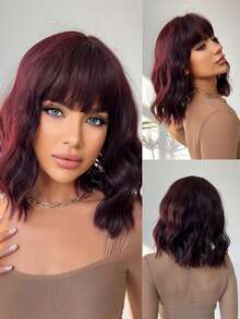 Burgundy Wavy Wig Shoulder Length Bob Wig With Neat Bangs Loose Wave Synthetic Wig For Women 12 Inch Music Festival - Multicolor - View 1