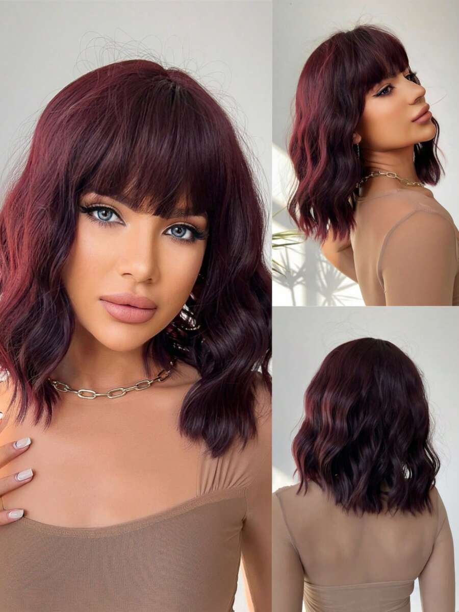 Burgundy Wavy Wig Shoulder Length Bob Wig With Neat Bangs Loose Wave Synthetic Wig For Women 12 Inch Music Festival - Multicolor - View 1