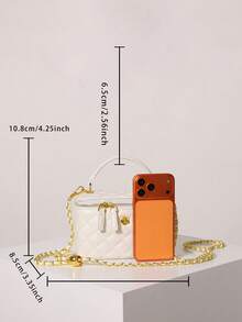 Elegant Diamond Pattern Mini Vanity Bag, Vintage Camellia Hardware Top Handle Handbag With Detachable Chain Shoulder Strap - White - View 3