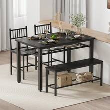 Farmhouse Dining Table Set For 4 With Storage Shelf, 47 Inch Kitchen Table With Bench And 2 Chairs For Small Space, Apartment, Dining Room - Black - View 6