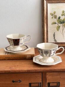 1 Set Vintage Victorian Style Octagonal Floral Ceramic Coffee Cup With Matching Saucer, Suitable For Home Daily Breakfast, Holiday And Birthday Gift - Multicolor - View 2