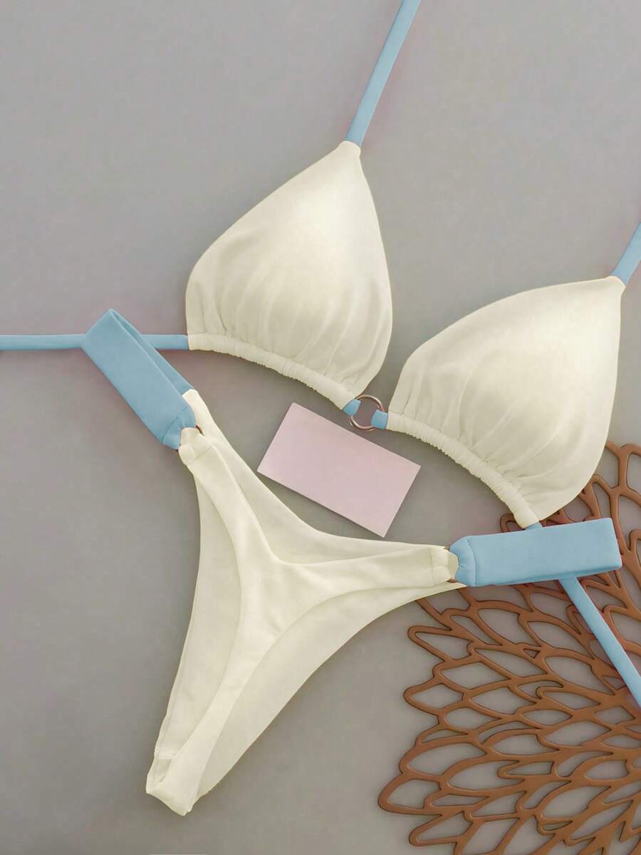 Bộ bikini hai mảnh buộc cổ và quần tam giác gợi cảm dành cho nữ, thích hợp cho kỳ nghỉ hè đi biển. - Màu be - Xem 1