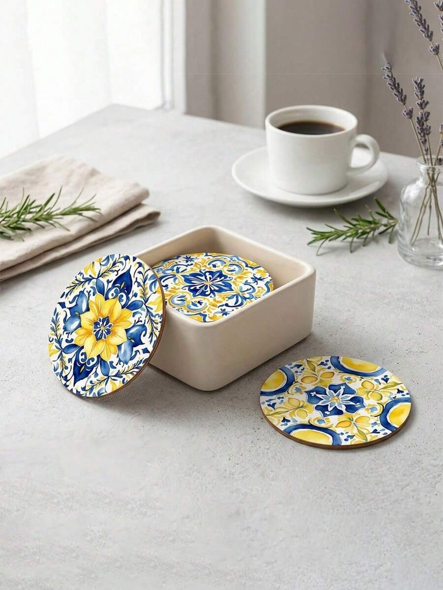8-Piece Set Of Mediterranean Lemon-Print Wooden Coasters, Kitchen Coasters, Tea/Coffee Coasters, Perfect For Home, Restaurants, Cafes, Housewarming Gifts, Gifts For Parents/Friends, Kitchen Decor, Table Decor - Multicolor - View 1