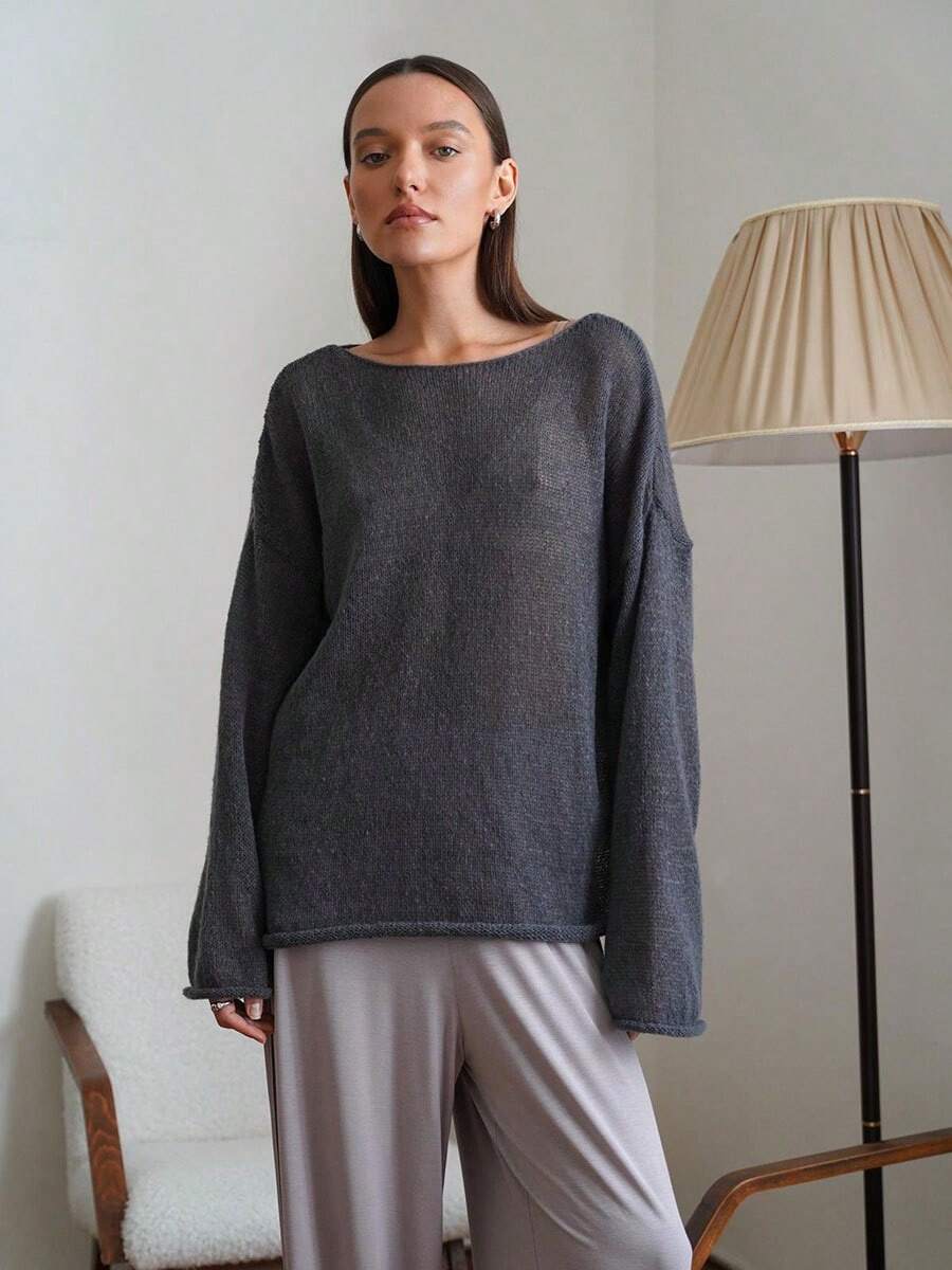 Open Knit Sweater. New Women's Model From The Spring-Summer 2026 Collection: Fine And Transparent Knit T-Shirt With Wide Round Neck And Flared Sleeves. - 卡其色 - 查看 1