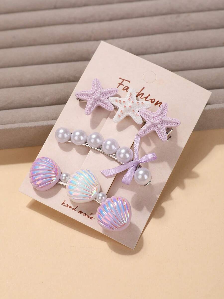 3pcs Ocean Style Hair Clips, Shell & Starfish Hair Accessories, Cute Bow Bangs Hair Clips, Pearl Side Hair Clips For Girls - 26375 Purple - View 1