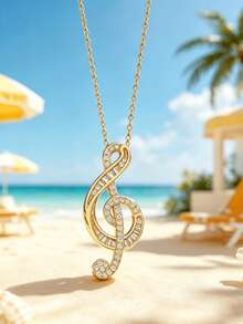 1pc Stainless Steel Chain With Zirconia Note Pendant Fashion Necklace Jewelry, Gift Accessory - Style a - View 5