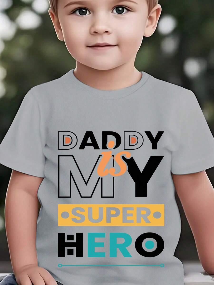 Boys' Short Sleeve T-Shirt, Summer Fashion, Father's Day, "DADDY IS MY SUPER HERO" Letter Print, Casual Outdoor Top NY-DX9753 - 軍綠色 - 查看 1