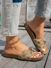 WRCVS Brown Floral Random Pattern Women's Flat Sandals Metal Decor Slippers Flower Decoration Slides Cork Sole Non-Slip, Summer Shoes, Beach Shoes - Brown - View 5