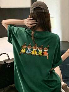 新款夏季 Z 世代 Y2K 风格女式趣味卡通印花圆领短袖 T 恤休闲款 - 墨綠色 - 查看 2
