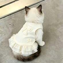 Vestido sin mangas con volantes de encaje para mascotas con decoración de lazo lindo, vestido de tirantes tejido para perro & gato, atuendo transpirable y elástico para cachorro & gatito, ropa casual de verano, adecuado para razas de perros & gatos pequeños & medianos (incluyendo Bichón, Labrador, etc.) - Beis - Ver 6