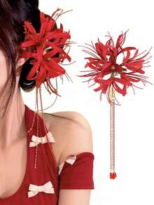 1pc Red Spider Lily Flower Hair Clips For Women Tassel Flower Clips For Hair Accessories Lycoris Radiata Floral Hairclip Clip Cute Decorativ - Red - View 8