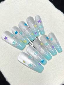 1package/10pcs-Y2K 3D Star Nails | Pastel Neon Striped Press Ons | Retro Groovy Square Fake Nails For Festival Summer Handmade Press On Nails - Mint Blue - View 1