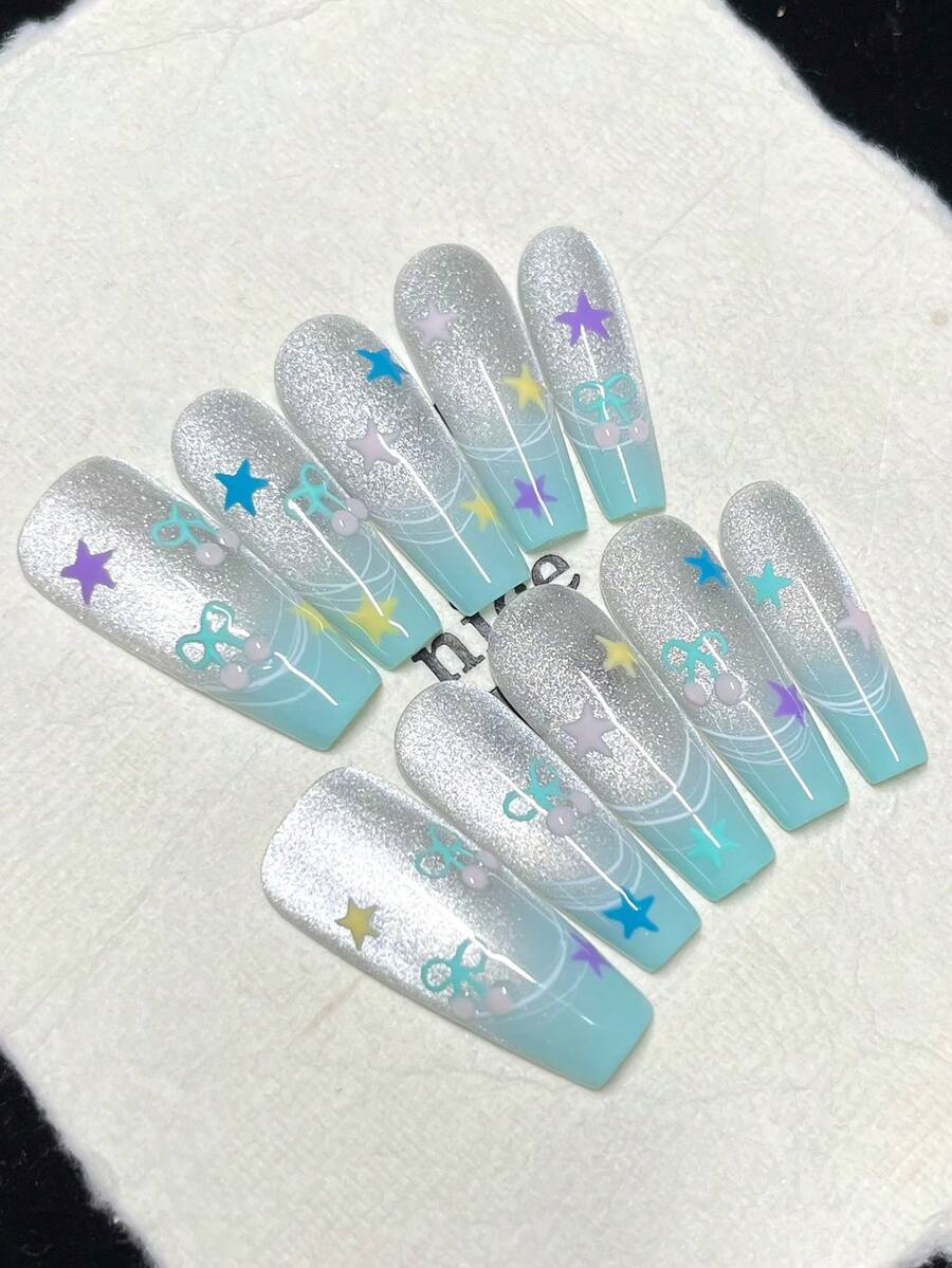 1package/10pcs-Y2K 3D Star Nails | Pastel Neon Striped Press Ons | Retro Groovy Square Fake Nails For Festival Summer Handmade Press On Nails - Mint Blue - View 1