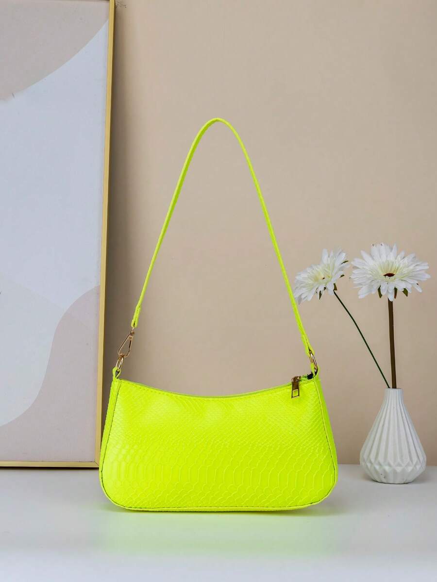 Tas Bahu Baguette Kulit Ular Hijau Fluorescent - kuning neon - View 1