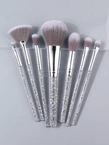 Silver Rhinestone 7pcs Makeup Brush Set, Portable Makeup Brush Kit, Student Style, Travel-Friendly Touch-Up Beauty Tool - Silver - View 2