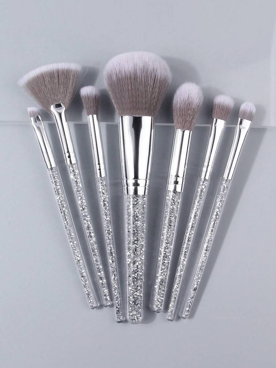 Silver Rhinestone 7pcs Makeup Brush Set, Portable Makeup Brush Kit, Student Style, Travel-Friendly Touch-Up Beauty Tool