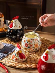 Japanese Garden Style Chick-Shaped Ceramic Storage Jar, Vintage Cute Hand-Painted Underglaze Color Jar, With Lid And Spoon, Can Store Coffee Beans, Candy, Cereal, Spices, Snacks, Dried Fruits, Baking Ingredients, Etc., Ideal For Kitchen, Living Room, Desktop Decoration And Gift Giving. - Multicolor - View 8