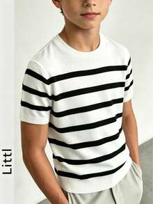Boys' Classic Black And White Striped Knit Short Sleeve T-Shirt, Round Neck Slim Fit Basic Casual Summer Children's Knit Top - White - View 7