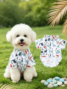A Non-Stretch, Slim-Fit Summer Pet Shirt In White With A Little Dinosaur Design, Suitable For Kittens And Puppies To Wear At Home Or Outdoors In Spring And Summer (The Product Runs A Bit Small, It's Recommended To Buy 1-2 Sizes Up). - White - View 3