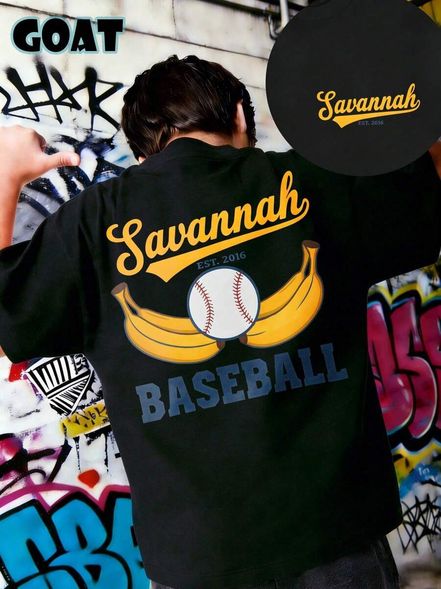 Savannah Baseball T-Shirts For Boys And Youth With Banana Ball Logo, Casual Short Sleeve Design, Sporty Style, Modern Graffiti, 180 Grams, 100% Cotton - 黑色 - 查看 1