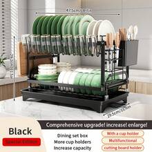 Kusuxva This Double-Layer Metal Kitchen Countertop Dish Rack Is Space-Saving And Durable. It Comes With A Knife And Fork Holder, Cup Holder, Cutting Board Holder, And Rust-Proof Drain Tray. Kitchen Storage Items Help You Keep Your Kitchen Neat And Organized. - 黑色 - 查看 10