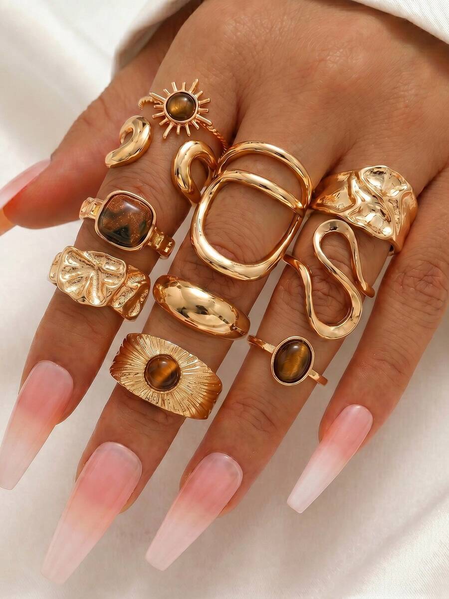 10pcs/Set Vintage Bohemian Style Sun Pattern Artificial Gemstone Stackable Exaggerated Geometric Rings Set, Suitable For Women's Daily Decoration, Hand Jewelry, Multiple Styles, Party, Date, Various Holidays And Occasions - Gold - View 1