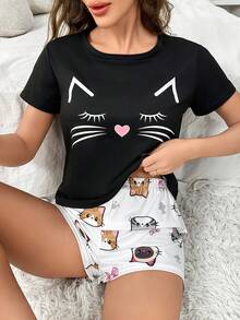 Black Printed Short Sleeve Top & Shorts 2 Pieces Pajama Set Women Loungewear - Black - View 3