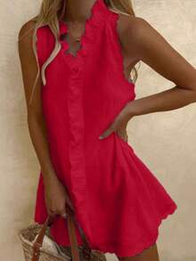 2026 Summer Sleeveless V Neck Ruffle Trim Mini Dress, Scalloped Hem Loose Linen Short Dress, Casual Beach Cover Up For Vacation & Daily Outfit - Red - View 3