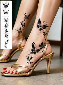 3 piezas Pegatinas de tatuaje de mariposa, tatuaje de pie, tatuaje temporal con patrón de mariposa, resistente al agua y fácil de usar, adecuado para brazos, manos, pies, piernas y otras partes del Body de mujeres, tatuaje falso desechable, esencial para fiestas y festivales de música - Negro - Ver 3