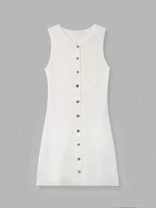 Vestido corto de punto ligero de estilo minimalista y casual para la primavera/verano, con cuello en V, botones metálicos y sin mangas, para uso diar - Blanco - Ver 9