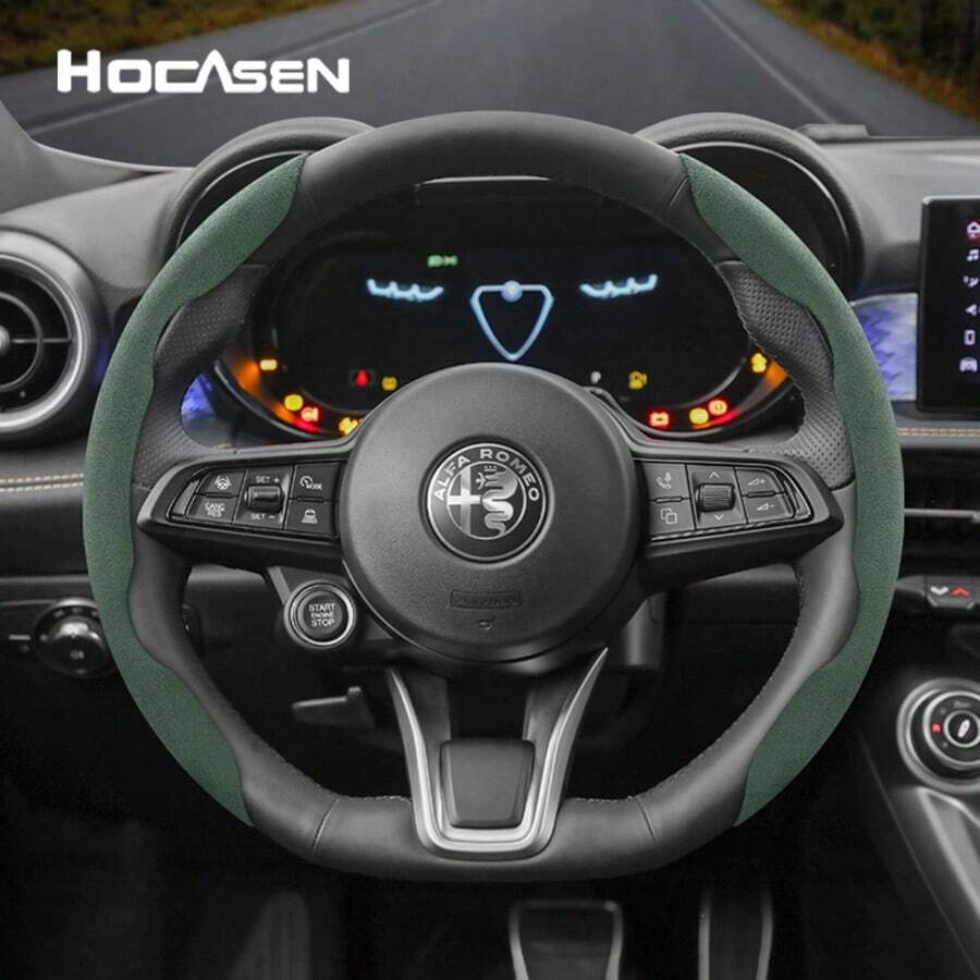 Hocasen Bộ 2/3 miếng bọc vô lăng da phân đoạn, lắp đặt nhanh, chống trượt thoải mái dùng cho mọi mùa, phù hợp cho Junior/Tonale/Stelvio/Giulia, có sẵn màu đen, nâu, mocha, cam, đỏ, xanh lá