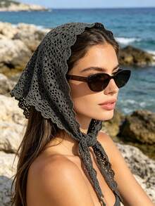 1Pc Retro Crochet Hollow Headscarf, Bohemian Flower Tied Triangle Bandana, Vacation/Street Style/Daily Hair Accessory - Multicolor - View 2