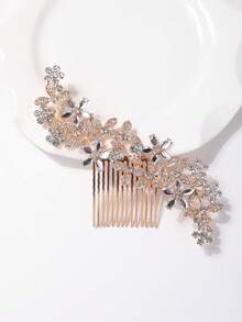 1 pieza Peine de pelo con flores de strass de alta gama para mujer, accesorio de moda para el cabello, peine - Dorado - Ver 4