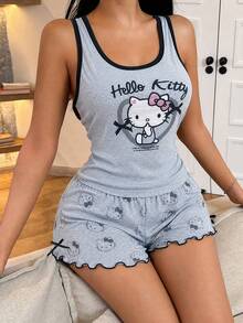 SANRIO Hello Kitty卡通印花吊带背心和短裤睡衣套装，女童休闲家居服，2件套 - 灰色 - 查看 5
