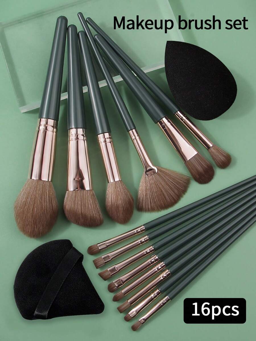 Set Kuas Rias Wajah & Mata Presisi, 14 Buah Kuas Gagang Hijau Sintetis + 2 Buah Spons Kecantikan Bentuk Tetesan Air Mata Hitam, Alat Kosmetik Serbaguna untuk Pemula & Profesional dalam Rias Wajah - Dark Green - View 1