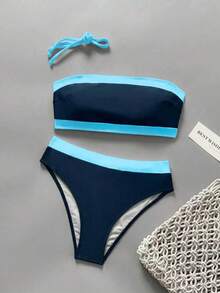 New Fashionable Sexy Solid Color Detachable Strap Strapless Bikini Swimwear For Women, Suitable For Beach, Pool Party, Vacation Summer - Teal Blue - View 2