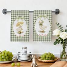2pcs Green Plaid Cute Duck Bow Pattern Kitchen Towels, 40*60cm Soft Microfiber Material Tea Towels, Suitable For Home Kitchen Restaurant Outdoor Camping Tabletop Cleaning Dish Cloth Hand Towel Accessories, Holiday Gift - Multicolor - View 6