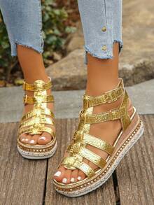 Women's Rivet Decor Ankle Strap Alligator Pattern Platform Wedge Heel Roman Sandals, Fashionable High Heel, Vacation Style, Summer Daily Wear, Gold Color With Random Pattern,Travel Essential - Gold Crocodile Pattern - View 5
